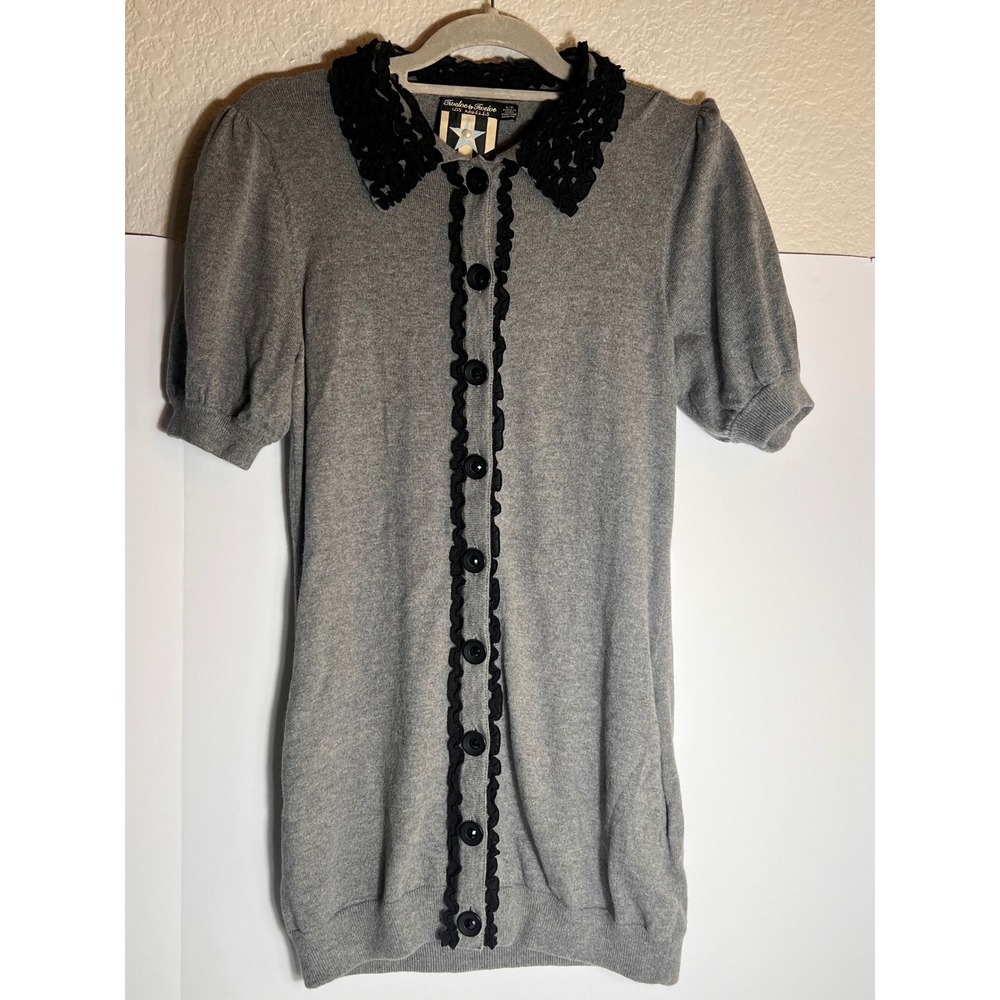Vintage Twelve By Twelve Gray Knit  Black Lace Collar‎ Button Down Mini Dress